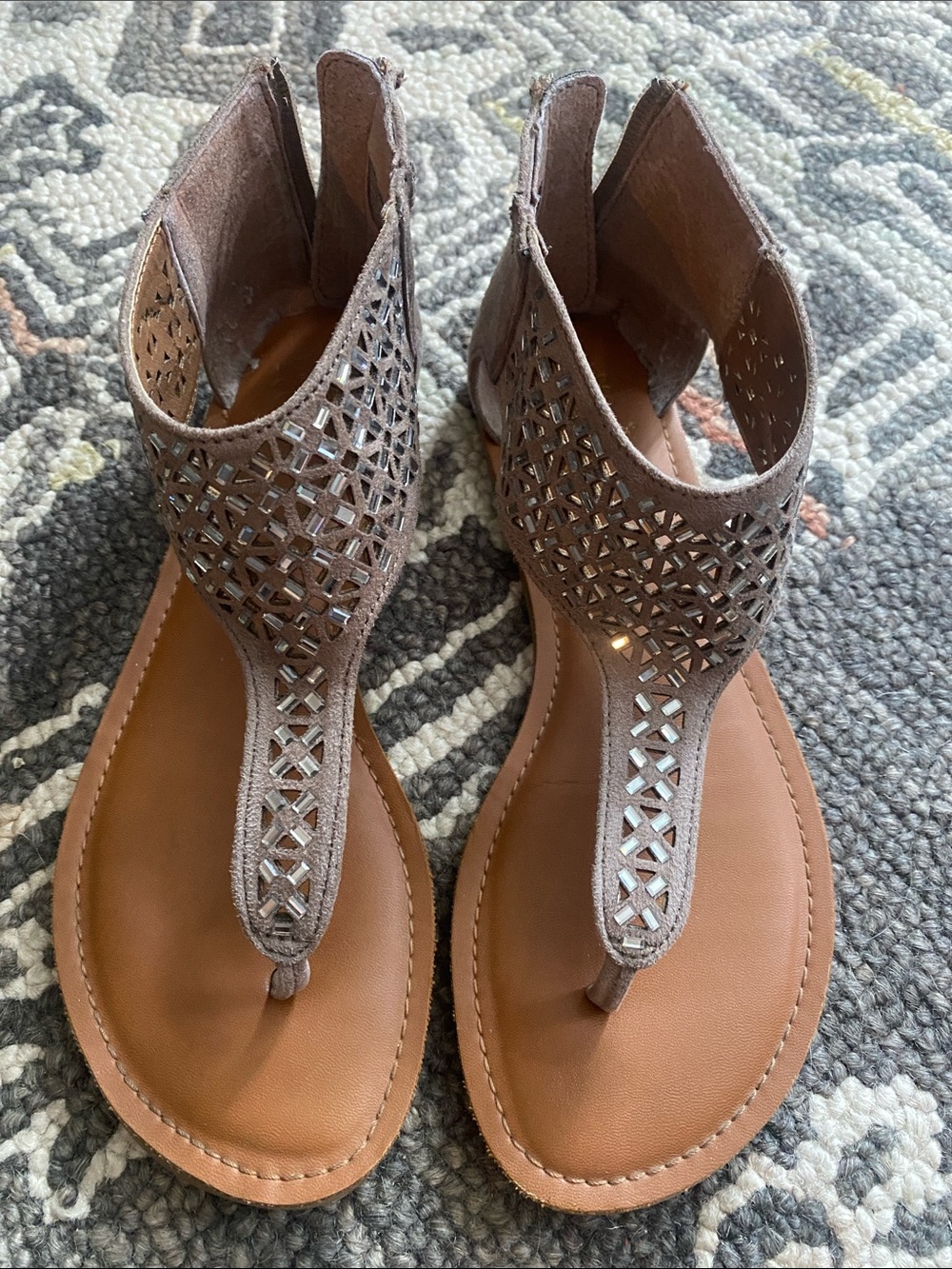 Yellow Box Taupe Laser-Cut T-Strap Sandals